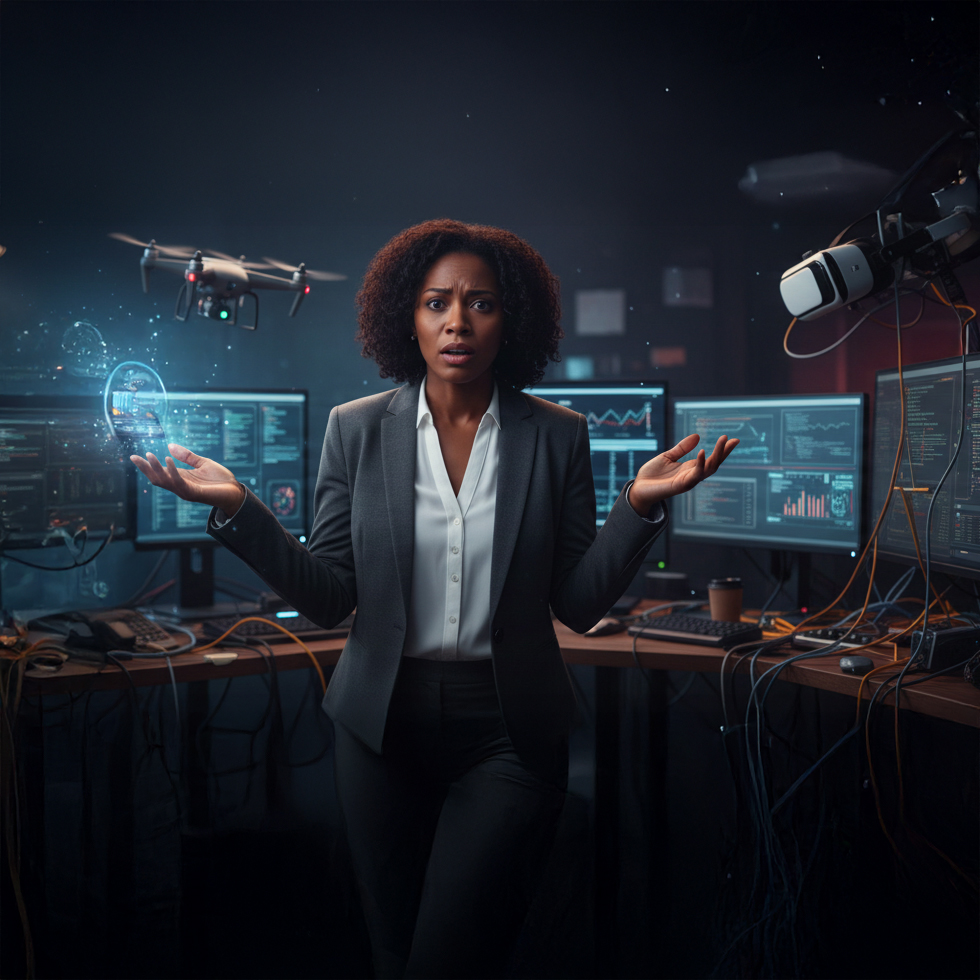 Overwhelmed business owner dealing with stressful technology